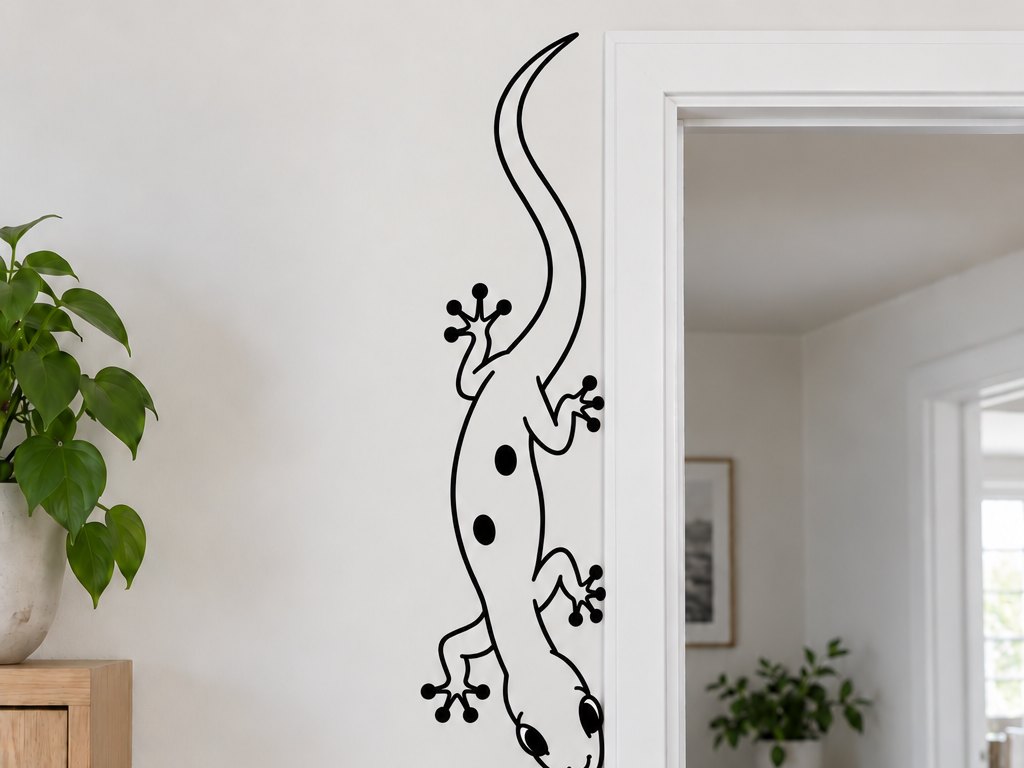 Hanging Gecko black-line mural concept at a doorway