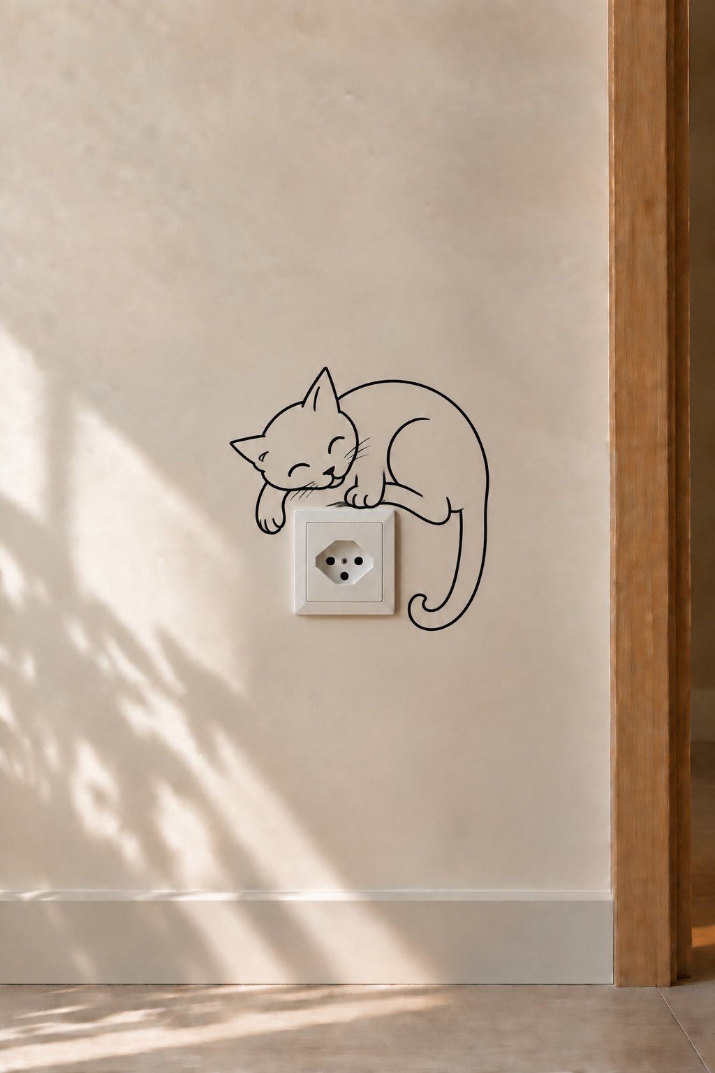 A sleeping black-line cat curled around a wall socket in a sunlit room